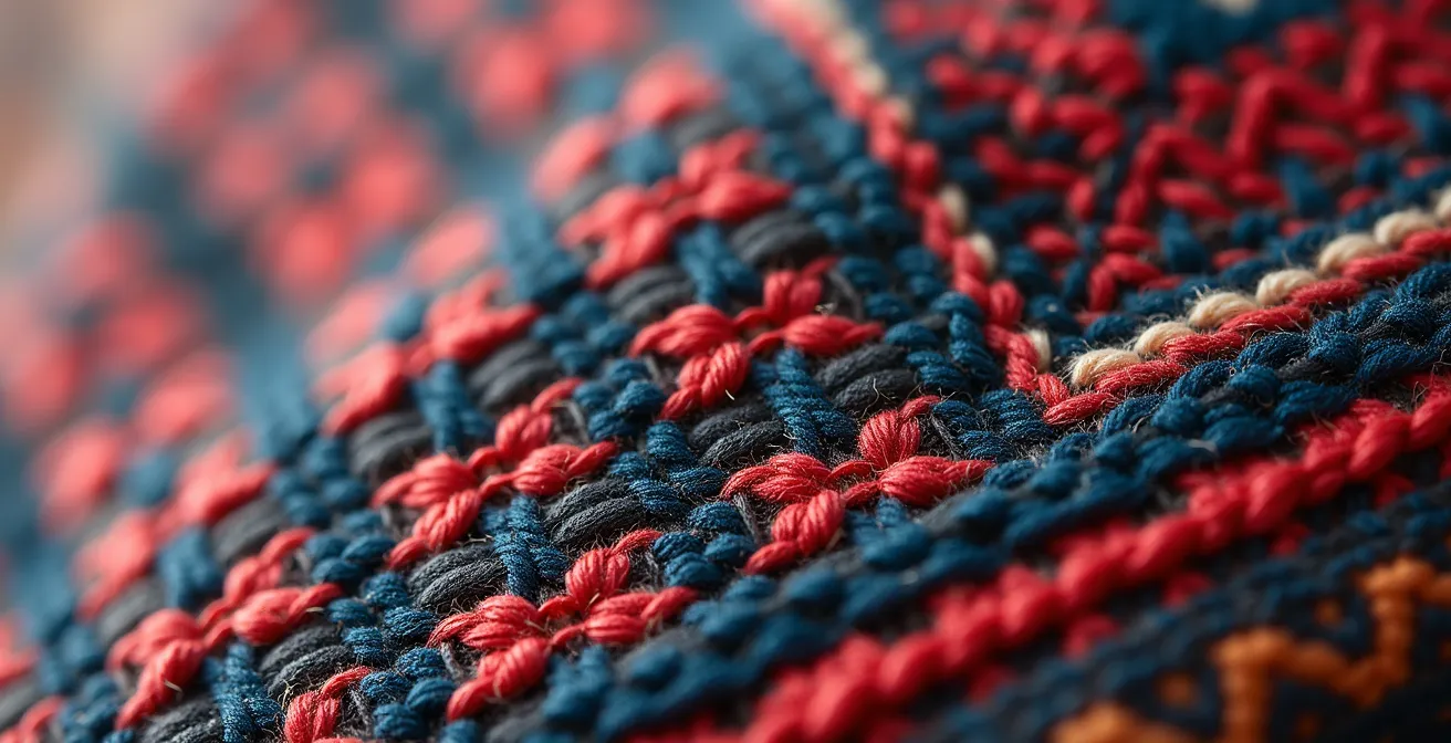 Détail macro d'un tissage traditionnel coloré des minorités ethniques du nord Vietnam