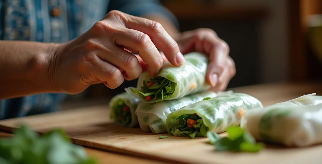 Mains expertes préparant des rouleaux de printemps frais dans une cuisine familiale vietnamienne