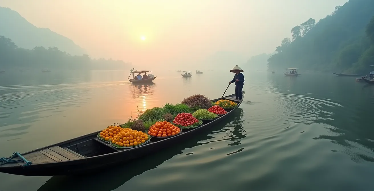 Barques colorées sur un marché flottant du delta du Mékong dans la brume matinale